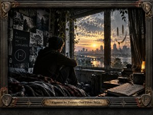 A solitary young man sits in a shadowy bedroom, contemplating a golden sunset over a distant city. Weathered walls, scattered photographs, and handwritten notes create an introspective atmosphere. Cinematic digital artistry contrasts warm amber light with muted charcoal tones, while an industrial metal frame and engraved title plate complete the composition.