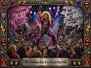 A defiant glam-metal singer commands a chaotic stage, fist raised above a roaring crowd amid shattered walls, guitars, drums, speakers, confetti, and blazing lights. Vivid pink, red, blue, black, chrome, and gold create explosive energy. Bold acrylic textures, rebellious graffiti, and an ornate rock-themed frame intensify the triumphant, confrontational mood.