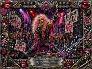 A rebellious glam-metal singer dominates a chaotic city-stage scene, gripping a microphone and thrusting one hand skyward before a roaring crowd. Vivid pinks, reds, blacks, chrome, and gold blaze beneath dramatic concert lighting. Dense poster-like detail, graffiti, shattered glass, chains, skulls, guitars, and ornate framing amplify the defiant energy.