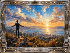 A lone figure stands on a rocky overlook with arms outstretched toward a radiant sunrise above a sprawling coastal city and shimmering bay. Thick impressionistic brushwork blends brilliant blues, golds, oranges, and soft cloud tones. An ornate chrome-and-gold musical frame, guitar details, glowing lights, and engraved title plate enhance the uplifting, triumphant atmosphere.