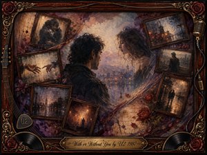 A wistful romantic collage portrays a separated couple surrounded by fading memories of rain-soaked streets, reaching hands, roses, and solitary figures. Deep burgundy, violet, amber, and charcoal tones glow beneath soft cinematic light. Textured painterly layers, vintage frames, vinyl records, guitar strings, and ornate gold detailing evoke longing, devotion, and emotional uncertainty.
