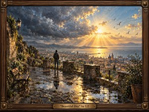 A lone figure stands on a rain-washed stone overlook above a coastal city as storm clouds break into radiant golden sunlight. Reflections shimmer across puddles, birds cross the brightening sky, and distant mountains frame the bay. Rich oil-painted textures, warm amber light, cool blues, and a handcrafted wooden-metal frame create hopeful grandeur.