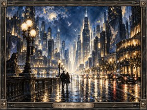 A rain-soaked city glows beneath towering blue-black skyscrapers as two figures walk toward a brilliant corridor of light. Warm gold streetlamps, headlights, and windows shimmer across reflective pavement, creating a mood of wonder and intimacy. Textured oil-paint effects, metallic highlights, drifting birds, and an ornate industrial frame enrich the cinematic scene.