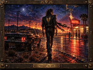 A lone leather-clad figure strides along a rain-slicked desert highway at twilight, passing a battered black convertible and glowing roadside motel. Fiery orange reflections contrast with deep violet skies, distant mountains, and telephone poles. Rich painterly textures, weathered metalwork, neon light, and a guitar-string frame create restless, romantic intensity.