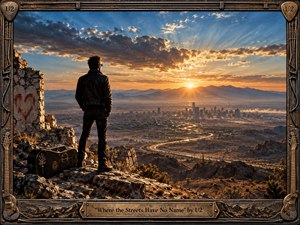 A solitary figure in black overlooks a sprawling desert city at sunset, framed by rugged mountains and a winding highway glowing with reflected light. Warm golds contrast with deep blues and weathered earth tones, creating a hopeful yet searching mood. A distressed metal-and-guitar frame reinforces the dramatic rock-inspired atmosphere.