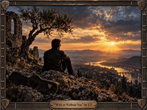 A solitary man sits on a rocky overlook beneath a wind-shaped tree, gazing across a glowing river city at sunset. Warm amber light breaks through dramatic blue-gray clouds, creating a reflective, yearning mood. Ruins, a worn guitar case, distant bridges, and an ornate guitar-string frame deepen the handcrafted cinematic atmosphere.