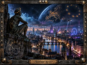 A brooding bronze figure overlooks a vast futuristic European city glowing beneath a colossal planet and ring of golden stars. Neon towers, bridges, river reflections, and a hovering airship create a dreamlike dystopian mood. Deep blues, violet light, amber highlights, and an industrial metal frame evoke technological anxiety and wonder.