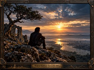 A solitary man sits on a rugged cliff above a misty river city, watching a golden sunset break through storm-dark clouds. Ancient ruins and a windswept tree frame the reflective scene. Warm amber light contrasts with cool blue shadows, while the ornate metallic border and engraved title plate add handcrafted, cinematic grandeur.