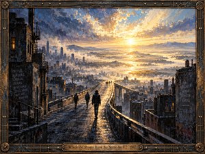 A lone figure walks along an elevated roadway above a sprawling city, moving toward a brilliant sunrise breaking through stormy clouds. Warm gold light reflects across wet pavement, contrasting with deep blues and charcoal buildings. The detailed painterly scene feels hopeful and searching, framed by ornate industrial metalwork and musical motifs.