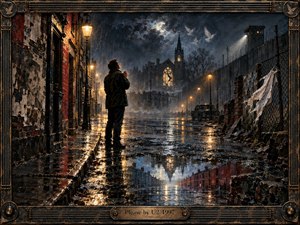 A solitary man stands prayerfully in a rain-soaked street at night, facing a ruined church glowing through mist and moonlight. Amber lamps shimmer across black puddles, while a harsh wall and watchtower deepen the tension. Painted in richly textured, cinematic detail, the scene feels mournful, political, intimate, and quietly hopeful.