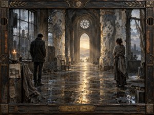 Two solitary figures stand apart inside a ruined cathedral-like hall, linked by a glowing path of reflected light across the wet stone floor. Muted charcoal, slate, ivory, and amber tones create a solemn, hopeful mood. Cracked columns, worn textures, candles, flowers, and a dark carved frame enrich the handcrafted, cinematic composition.