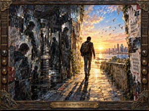 A lone traveler emerges from a fractured, shadowy corridor into a radiant waterfront city at sunrise, symbolizing release and renewal. Cool charcoal and blue-gray mirrors give way to glowing gold, coral, and sky blue. Textured mixed-media brushwork, torn surfaces, birds, reflections, and an ornate guitar-inspired frame create dramatic, handcrafted depth.