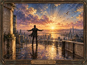A solitary figure stands with arms outstretched on a rain-slick rooftop terrace, facing a radiant city sunrise. Golden light floods the skyline, water, and dramatic violet-blue clouds, while birds rise into the glowing sky. Rich oil-like textures, reflective surfaces, bronze framing, and musical details create an uplifting, expansive, reverent atmosphere.
