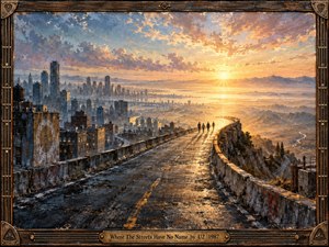 A weathered elevated road curves from a shadowed blue-gray city toward a radiant golden horizon, where four distant figures walk into the light. Textured, painterly surfaces, cracked pavement, dramatic clouds, and misty mountains create a hopeful, searching mood. An ornate bronze-and-wood frame reinforces the handcrafted, cinematic atmosphere.
