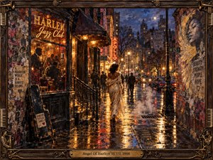 An elegant woman in a flowing cream gown walks through a rain-slick Harlem street at night, framed by glowing jazz club windows, the Apollo sign, and muraled brick walls. Warm amber light spills across reflective pavement beneath a deep blue sky, while richly textured, painterly details and ornate musical framing create a soulful, nostalgic atmosphere.