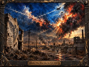 A war-scarred town stretches beneath a violent blue sky ripped by fire, smoke, and jet trails, with ruins, power poles, and distant figures leading the eye inward. Burnt oranges and deep cobalt clash in dramatic light, while thick, textured brushwork and a rugged metal frame create a fierce, apocalyptic, handcrafted intensity.