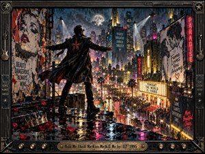 A lone rock-star figure stands on a rain-slick rooftop above a neon-drenched city, arms spread toward a spectacle of crowds, billboards, helicopters, and glowing streets. Electric magenta, gold, blue, and crimson reflections intensify the seductive, dangerous mood. Painterly textures, torn posters, roses, and industrial framing create dramatic 1990s noir energy.