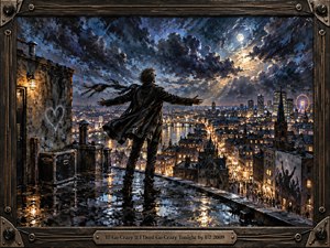A lone figure stands on a rain-slick rooftop with arms outstretched above a glowing city, embodying restless release and exhilaration. Turbulent indigo clouds split around moonlit gold, while streets, bridges, and windows shimmer below. Thick expressive brushwork, reflected lights, and a rugged guitar-inspired frame create a dramatic handcrafted rock aesthetic.