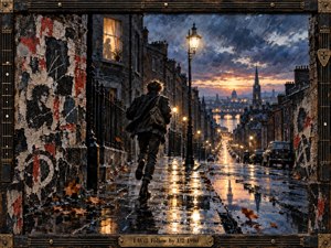A lone young figure runs along a rain-soaked city street at dusk, surrounded by weathered brick buildings, torn posters, glowing lamps, and autumn leaves. Cool blue-gray skies contrast with warm amber reflections on wet pavement. Expressive mixed-media textures, deep perspective, and a guitar-inspired frame create a restless yet hopeful post-punk atmosphere.