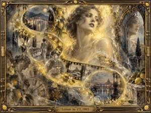 A luminous woman emerges from layered memories in an ornate golden frame, surrounded by glassy bubbles, film strips, moonlit cities, lemons, blossoms, and a fading clock. Warm lemon-gold light contrasts with smoky blue-gray shadows, creating a wistful, dreamlike mood. The richly textured mixed-media style blends nostalgia, glamour, and passing time.
