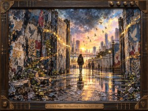A lone traveler walks through weathered city walls toward a radiant sunrise, symbolizing hope and resilience after hardship. Wet pavement mirrors golden light beneath storm-blue clouds, while birds rise above distant towers. Layered collage textures, metallic accents, flowers, and distressed surfaces create a handcrafted, cinematic atmosphere framed in dark bronze and wood.