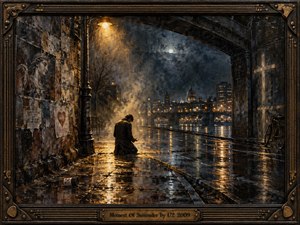 A solitary figure kneels beneath a warm streetlamp on a rain-soaked city street, surrounded by mist, reflective pavement, and distant glowing architecture. Deep indigo, charcoal, and amber tones create a solemn, redemptive mood. Rich painterly textures, weathered walls, subtle symbols, and an ornate bronze-trimmed frame deepen the emotional atmosphere.