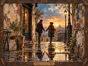 A couple walks hand in hand along a rain-slicked old city street at sunrise, surrounded by weathered walls, flowering plants, and a glowing lamppost. Golden light reflects across puddled stones beneath blue-gray clouds, creating a tender, hopeful mood. Rich oil-and-encaustic textures and an ornate bronze frame enhance the handcrafted warmth.