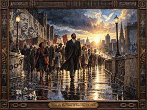 A solemn civil rights march advances across rain-slick pavement toward a radiant sunrise, led by a dignified central figure surrounded by determined companions. Deep blues, charcoal, bronze, and warm gold create dramatic contrast, while painterly textures, glowing streetlamps, reflective puddles, symbolic doves, broken chains, and the handcrafted musical frame reinforce hope, sacrifice, unity, and enduring courage.