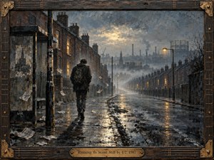 A solitary figure walks through a rain-soaked industrial neighborhood, surrounded by weathered brick houses, drifting papers, mist, and distant smokestacks. Cold blue-gray tones dominate, warmed by amber windows and streetlights reflected in puddles. The textured oil-and-charcoal style, worn guitar-inspired frame, and tarnished brass title plate deepen the mood of exhaustion, isolation, and fragile hope.