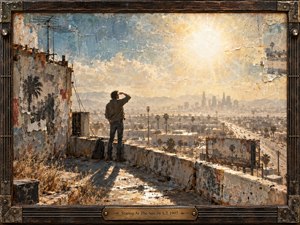 A lone figure stands on a weathered rooftop, shielding his eyes from a blinding sun above a hazy cityscape. Bleached gold, dusty blue, rust, and cream create a weary, reflective mood. Mixed-media textures, peeling walls, dry weeds, distant roads, and a rugged musical frame give the scene tactile, nostalgic depth.