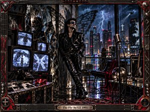 A lone leather-clad figure stands amid shattered mirrors, flickering televisions, cables, and studio equipment overlooking a rain-soaked neon city. Lightning, reflections, and cold blue light heighten the tense nocturnal mood, while crimson accents add danger and glamour. Distressed metal framing and layered mixed-media textures create a gritty, cinematic rock aesthetic.