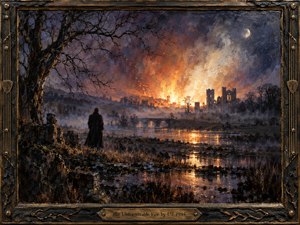 A lone dark figure stands beside wet ruins and a skeletal tree, gazing across a misty river toward a blazing, half-ruined stronghold under a smoky twilight sky. Fiery oranges and golds clash with deep blue-violet shadows in this richly textured, painterly scene, enclosed by an ornate handcrafted frame with a bronze title plate.