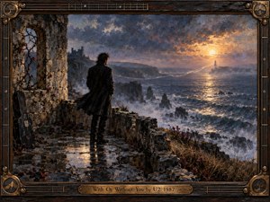 A lone dark-coated figure stands on a rain-slick stone terrace above a turbulent sea, gazing toward a distant silhouette glowing at sunset. Storm clouds, ruined walls, and a thread of light create aching tension. Rendered as a richly textured, painterly scene, the image glows with moody blues, bronze shadows, and warm amber light.