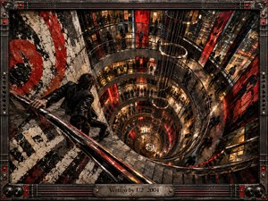 A lone figure clings to a railing above a dizzying spiral atrium, where curving balconies plunge toward a glowing center. Crimson, black, white, and amber surfaces create a tense, kinetic mood. Dramatic highlights, deep shadows, distressed paint textures, metallic details, and the industrial guitar-inspired frame intensify the handcrafted, vertiginous energy.