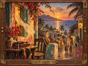 A romantic Caribbean terrace overlooks a winding coastal street at sunset, where a couple strolls toward shimmering waters. Cherry-red blossoms, turquoise shutters, a billowing curtain, and a vintage turntable glow beneath golden light. Rich painterly textures capture nostalgic reggae warmth, framed by carved wood, brass ornaments, and an engraved title plate.