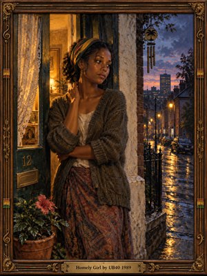 A thoughtful woman in a knitted cardigan stands beside a warmly lit doorway, gazing toward a rain-slick city street at dusk. Amber lamps shimmer against blue-purple shadows, while lace curtains and a flowering plant suggest quiet tenderness. Rich oil-painted textures and an ornate wooden musical frame deepen the nostalgic, intimate mood.