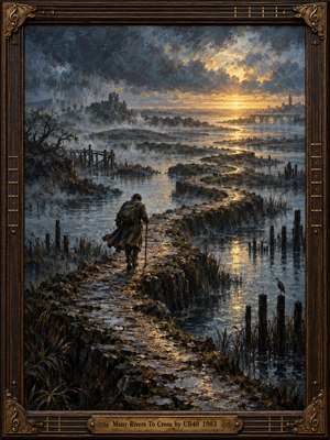 A solitary traveler follows a winding stone path through misty marshlands, carrying a staff toward a distant golden sunrise. Storm clouds loom over reflective waterways, ruined towers, and weathered posts. Deep blues and earthy browns contrast with warm amber light in this melancholic oil painting, enclosed by an ornate musical frame.
