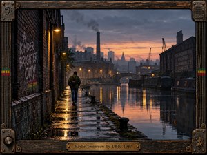 A lone figure walks a rain-soaked canal path through a weathered industrial city at dawn. Amber lamps shimmer across dark water beneath smoky blue clouds and a pale orange horizon. Cinematic photographic detail captures solitude and cautious hope, enclosed by an aged wooden frame with metal fittings and an engraved brass title plate.