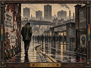 A solitary figure walks through a rain-soaked British industrial street toward shadowy crowds beneath towering apartment blocks. Muted charcoal, sepia, and amber tones evoke hardship and quiet defiance. Distressed screenprint textures, weathered political posters, glowing streetlights, and reflective pavement create a haunting atmosphere, enclosed by a rugged musical frame.