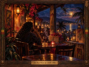 A solitary man with dreadlocks sits at a candlelit terrace, gazing across a moonlit harbor. Red wine and curling smoke accent the reflective table, while tropical flowers, palms, and distant golden lights surround him. Rich oil brushwork blends burgundy, amber, and indigo, creating a wistful atmosphere within an ornate wooden frame.