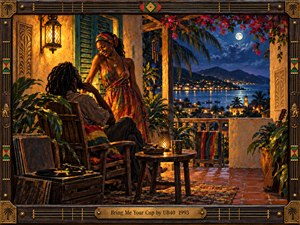 A romantic couple shares a tender moment on a tropical veranda overlooking a moonlit harbor. Warm amber lanterns illuminate colorful fabrics, lush palms, and rustic furnishings against deep blue waters and distant golden lights. Rich painterly textures, reggae-inspired details, and an ornate wooden frame create a nostalgic, intimate atmosphere.