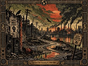 A ruined industrial city stretches beneath a blood-red sky, where smokestacks release ominous black clouds. A winding, cracked road passes abandoned vehicles, shattered buildings, weathered signs, and silent speakers. Distressed woodcut textures, muted olive and rust tones, dramatic lighting, circling crows, and an ornate metallic frame evoke environmental devastation and despair.