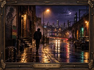 A lone figure walks down a rain-soaked city street beneath a violet night sky. Amber streetlamps and streaking headlights shimmer across the winding pavement, while brick arches, drifting mist, and a distant skyline deepen the restless mood. Cinematic photographic detail is enclosed by a dark, guitar-inspired frame and engraved brass title plate.