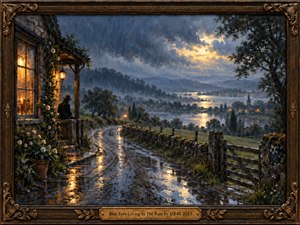 A solitary figure watches rain sweep across a twilight valley from a warmly lit cottage porch. A winding, puddled road reflects golden lamplight beneath stormy blue-gray clouds. Distant water shimmers beyond misty hills and village lights. Rich oil-painted textures, flowering vines, and an ornate bronze frame evoke wistful nostalgia.