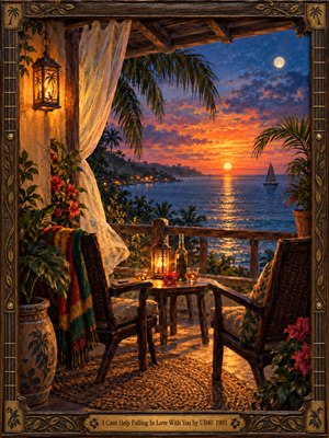 A warmly lit tropical veranda overlooks a shimmering sea beneath a coral sunset and rising moon. Two empty wicker chairs surround a lantern-lit table, suggesting quiet romance. Billowing curtains, lush palms, hibiscus blooms, and a distant sailboat enrich the scene. Painterly textures, amber highlights, and ornate wooden framing create nostalgic serenity.