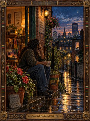 A contemplative man sits beside a warmly lit doorway, gazing across rain-soaked Birmingham streets toward a dusky skyline. Golden reflections shimmer beneath indigo clouds, while vibrant hibiscus flowers and lush greenery soften weathered brickwork. Rich, detailed brushwork evokes romantic longing, enclosed within an ornate wooden frame with engraved brass accents.