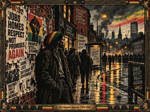 A solitary man in a striped reggae cap surveys a rain-soaked Birmingham street, where torn protest posters, shadowy pedestrians, and distant police evoke unrest. Amber streetlights illuminate reflective pavement beneath a smoky skyline. Weathered screen-print textures, charcoal shadows, and red, gold, and green accents create a defiant atmosphere within an ornate metal frame.