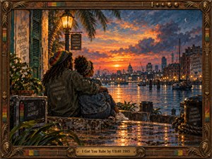 A couple embraces beside a glowing harbor at sunset, surrounded by tropical foliage, weathered architecture, and shimmering reflections. Rich amber, coral, and indigo tones create a romantic, hopeful atmosphere. Detailed painterly textures capture nostalgic reggae warmth, while an ornate carved wooden frame with musical accents completes the intimate scene.