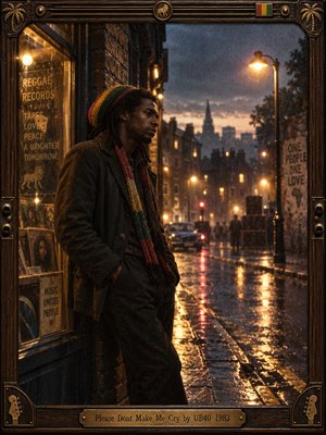 A solitary man in a striped reggae cap leans beside a glowing record shop on a rain-soaked city street. Amber lamps shimmer across wet pavement beneath a dusky blue sky, while distant figures fade into mist. Cinematic film grain, rich shadows, and an ornate brass-trimmed wooden frame deepen the wistful mood.