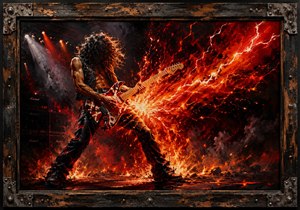 A lone guitarist commands a shattered volcanic stage as fire, lightning, and glowing sound waves explode behind him. Molten cracks race through the ground while vivid red, blue, and purple energy tears across the sky. The ornate flame-carved frame completes this fierce celebration of musical power, controlled chaos, and energy.